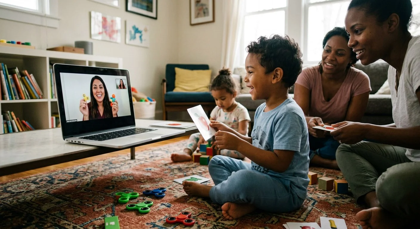 Smiling boy holding up a picture card during a telehealth speech therapy session at home, with family members joining in nearby