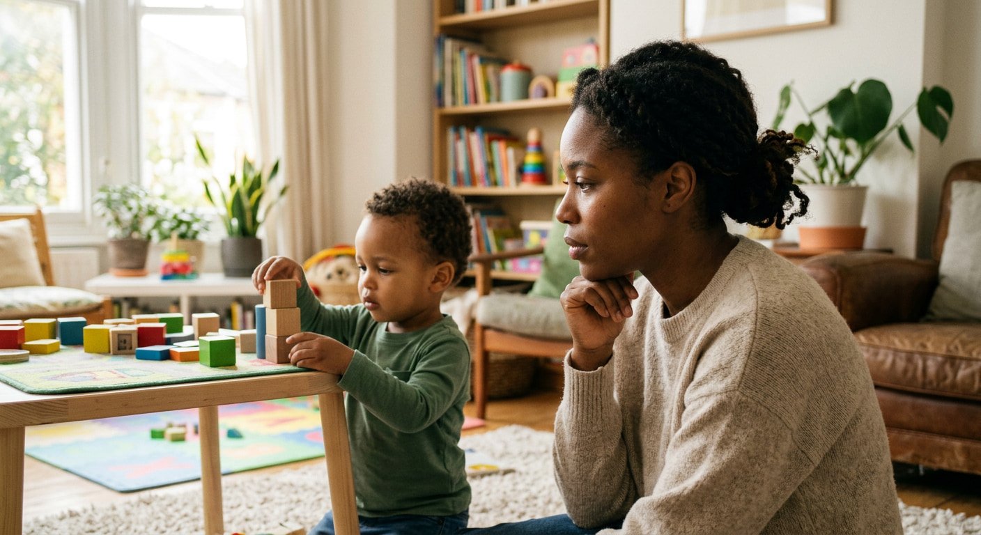 Mother thoughtfully watching her toddler stack wooden blocks at home, noticing his speech and play development