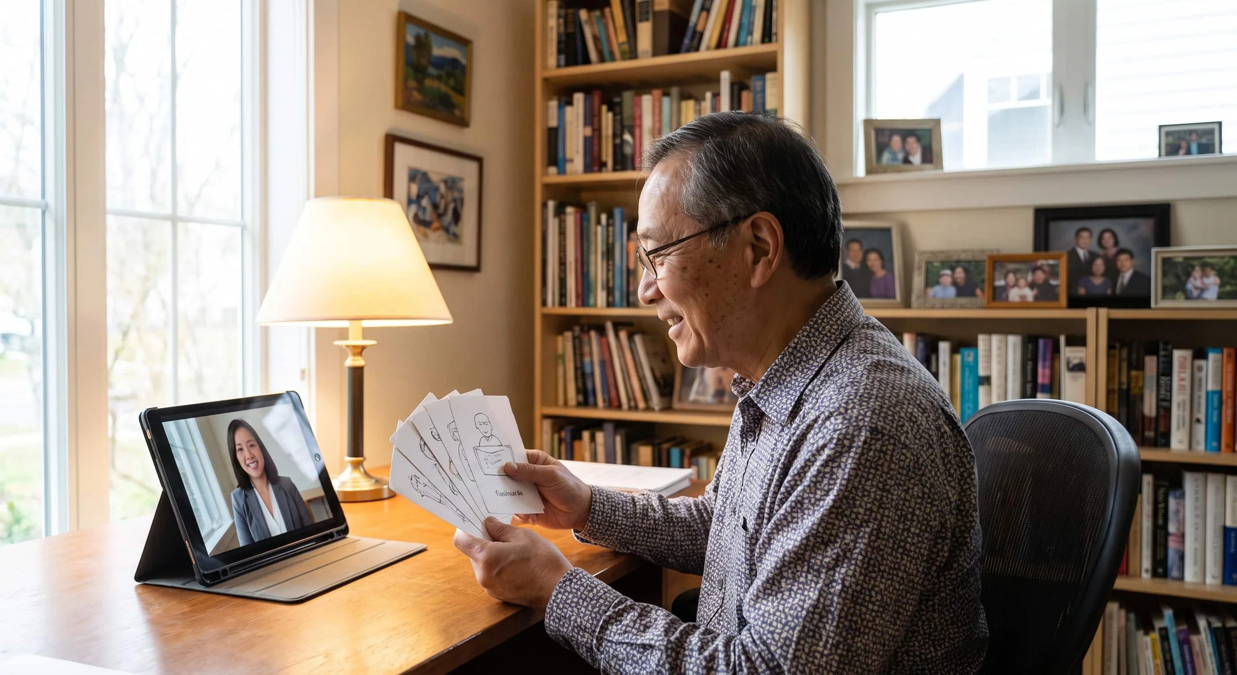 An older adult participating in a telehealth speech therapy session on a tablet