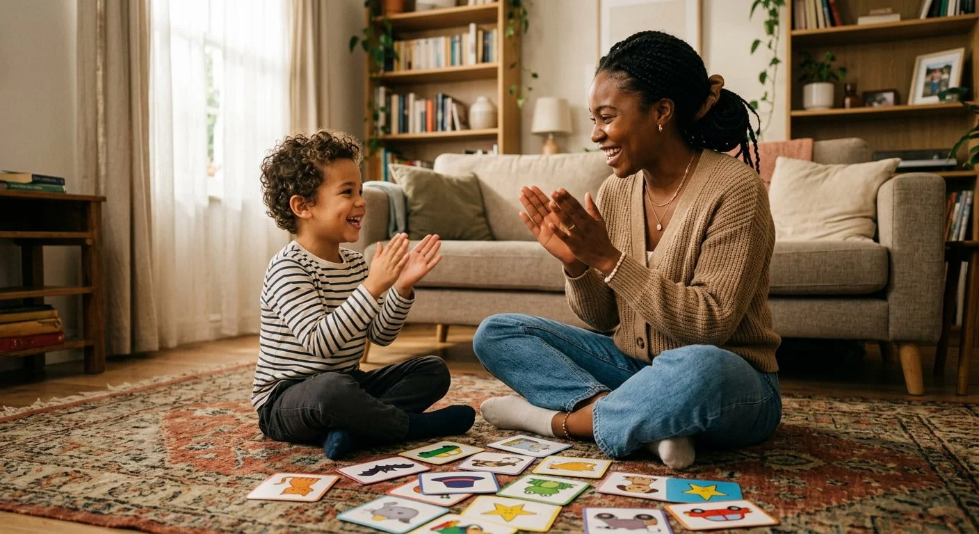 Parent and young child clapping together during a rhyming game that builds early reading skills