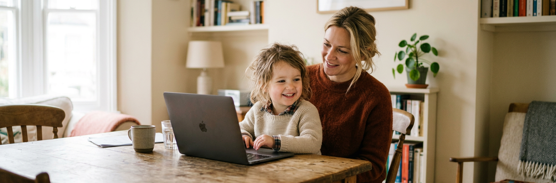 Mother and toddler daughter smiling while using a laptop together for a telehealth speech therapy session at home