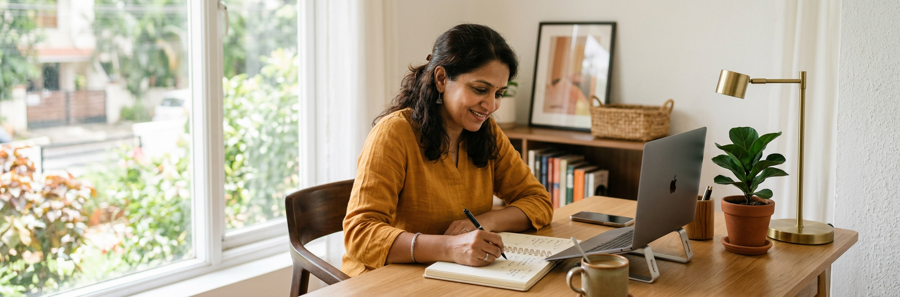 Woman writing notes at desk during speech therapy evaluation consultation with laptop nearby