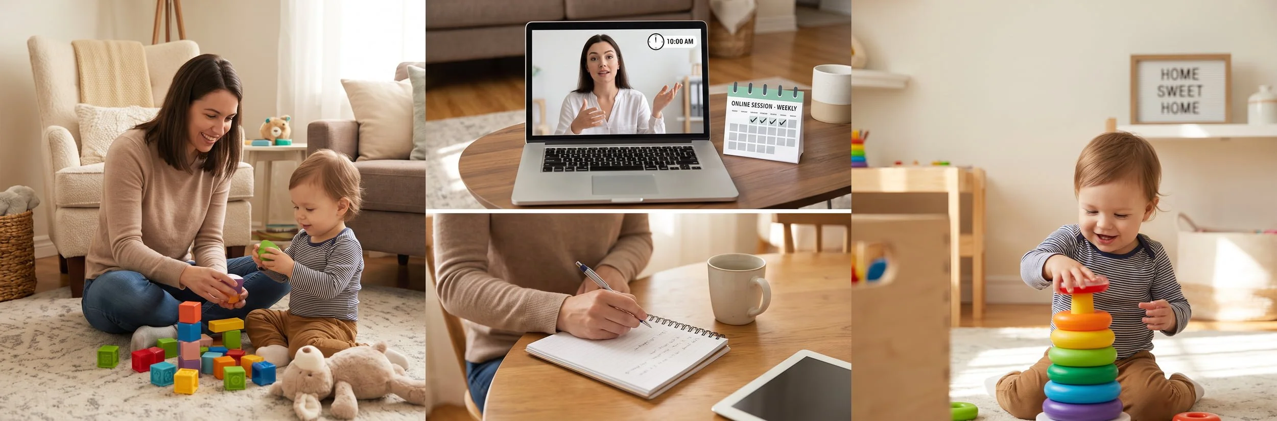 Collage showing telehealth early intervention at home: a mother playing with blocks with her toddler, a speech therapist on a laptop video call with a weekly session calendar, a parent taking notes, and a toddler stacking rings