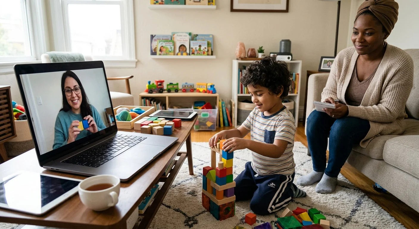 Child building a block tower during a telehealth speech therapy session as the therapist models on screen and his mother takes notes nearby