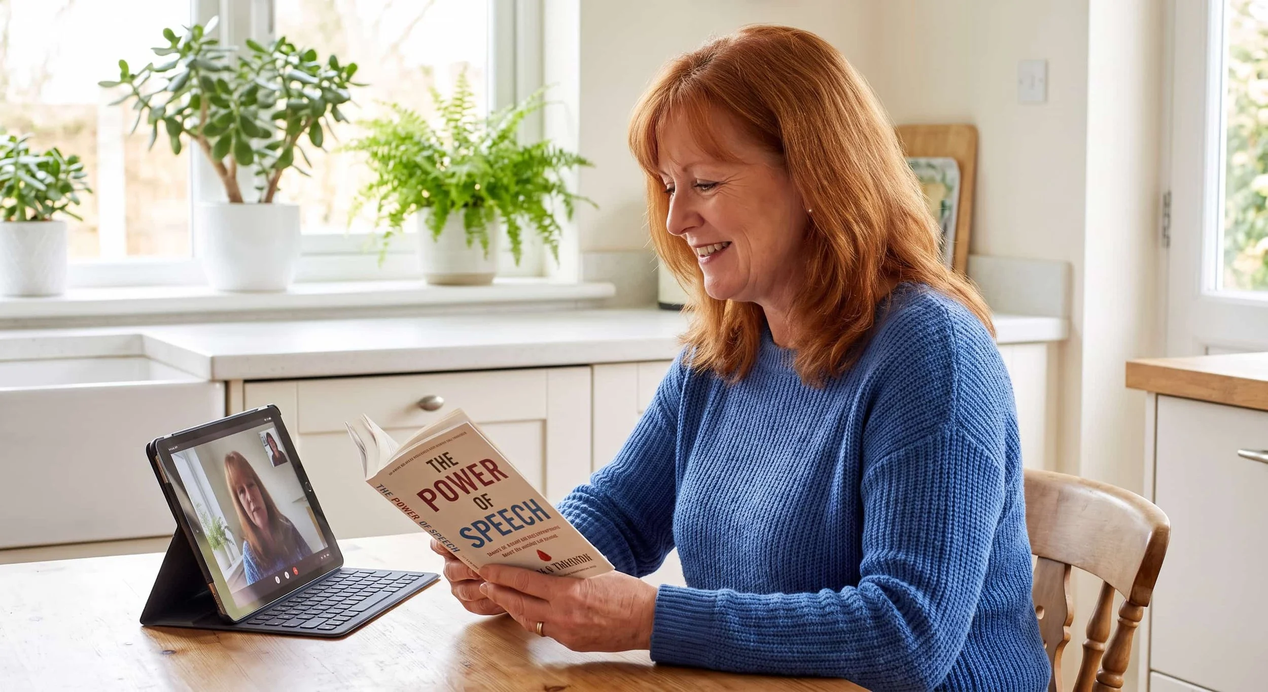 Woman reading speech development resource during telehealth therapy session