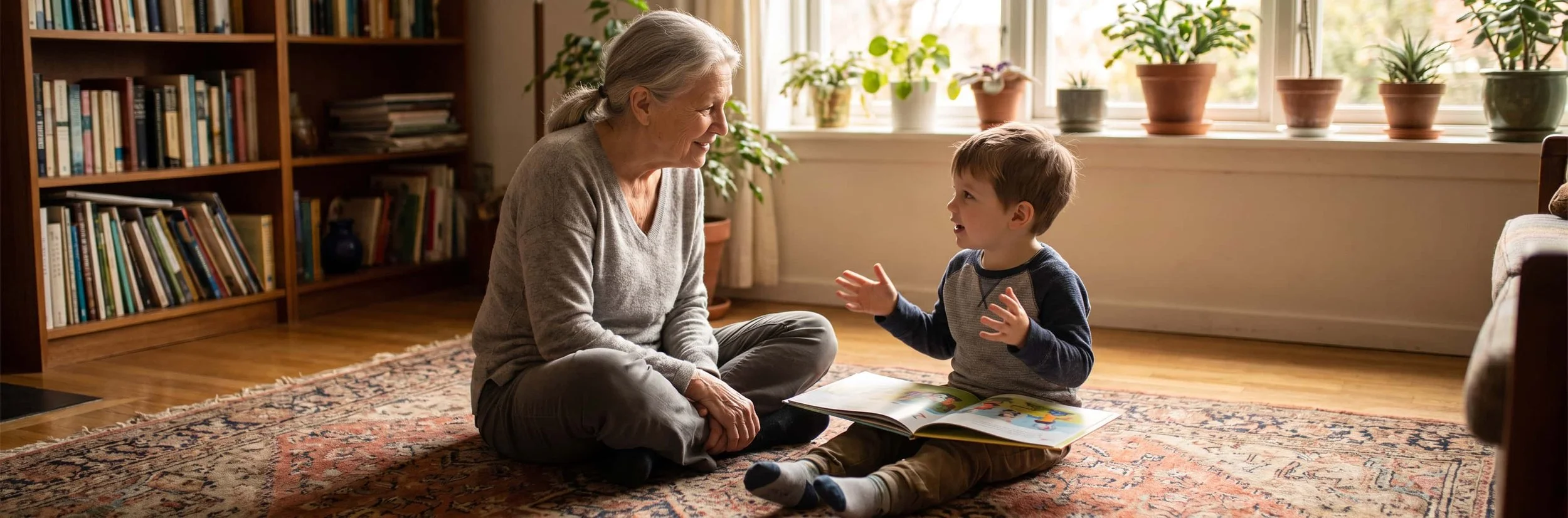 Grandmother sitting on the rug with her grandson, listening calmly with eye contact while he talks about a picture book