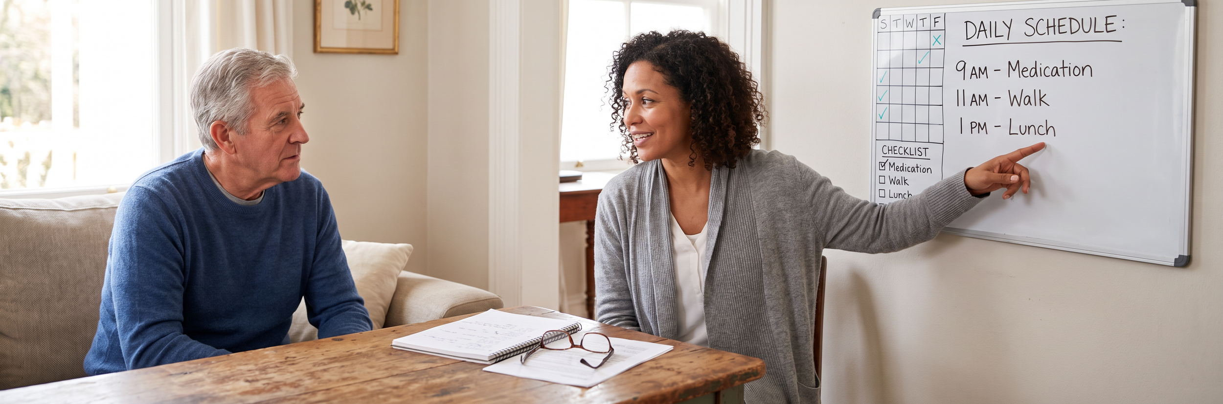 Speech therapist coaching older adult on memory strategies and daily organization using visual supports for cognitive communication disorder