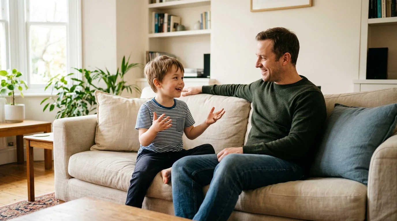 Father listening attentively as his young son tells a story on the couch