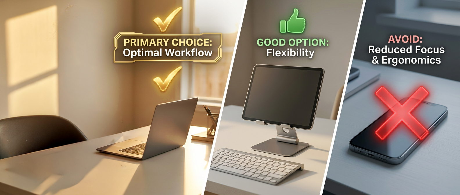 Comparison showing laptop as primary choice for optimal workflow, tablet as good option for flexibility, phone marked as avoid due to reduced focus and ergonomics