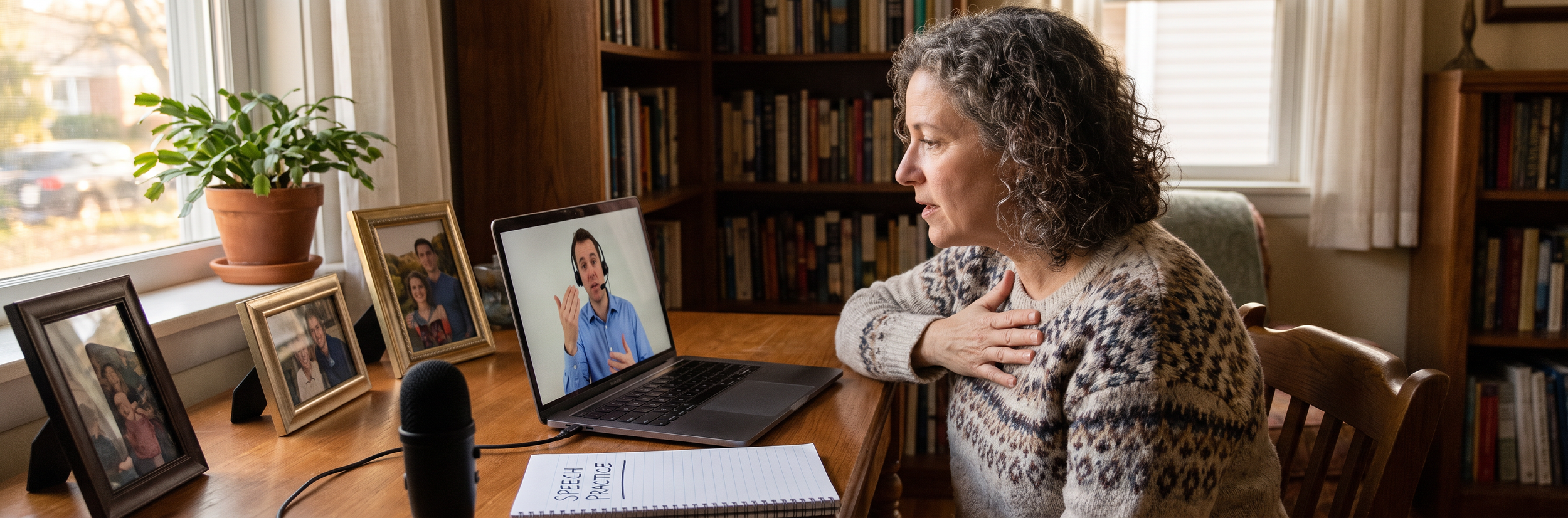 Adult practicing speech fluency and articulation skills during telehealth speech therapy session at home
