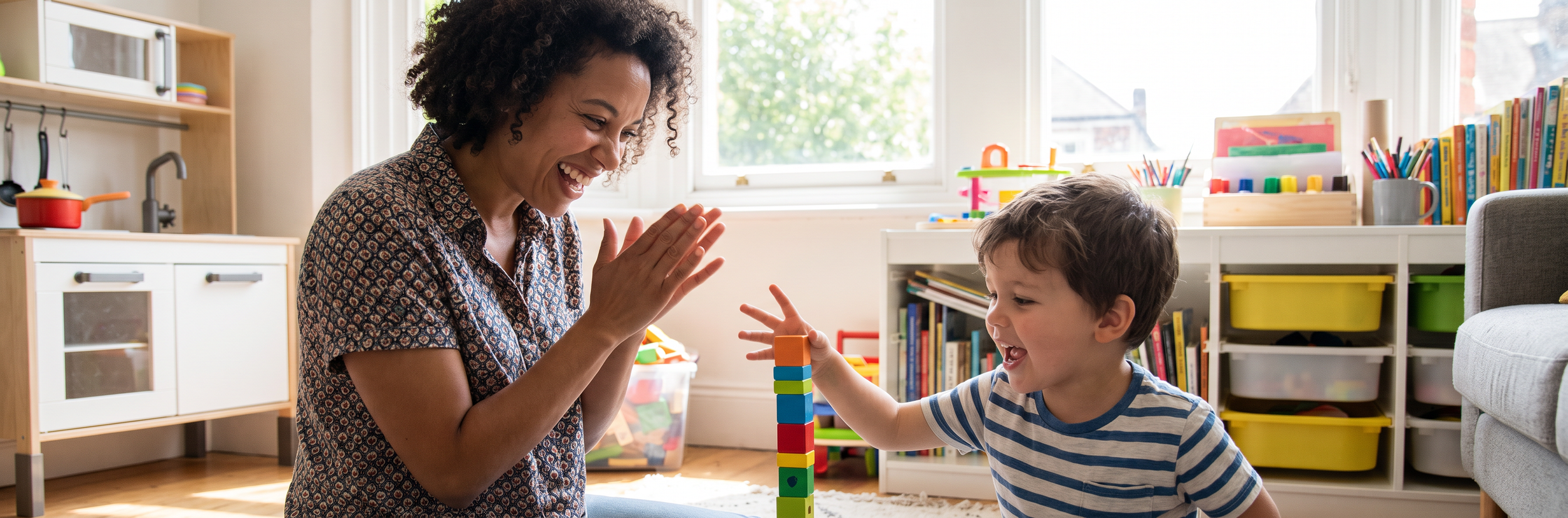 Speech therapist engaging child in play-based therapy with building blocks and positive reinforcement