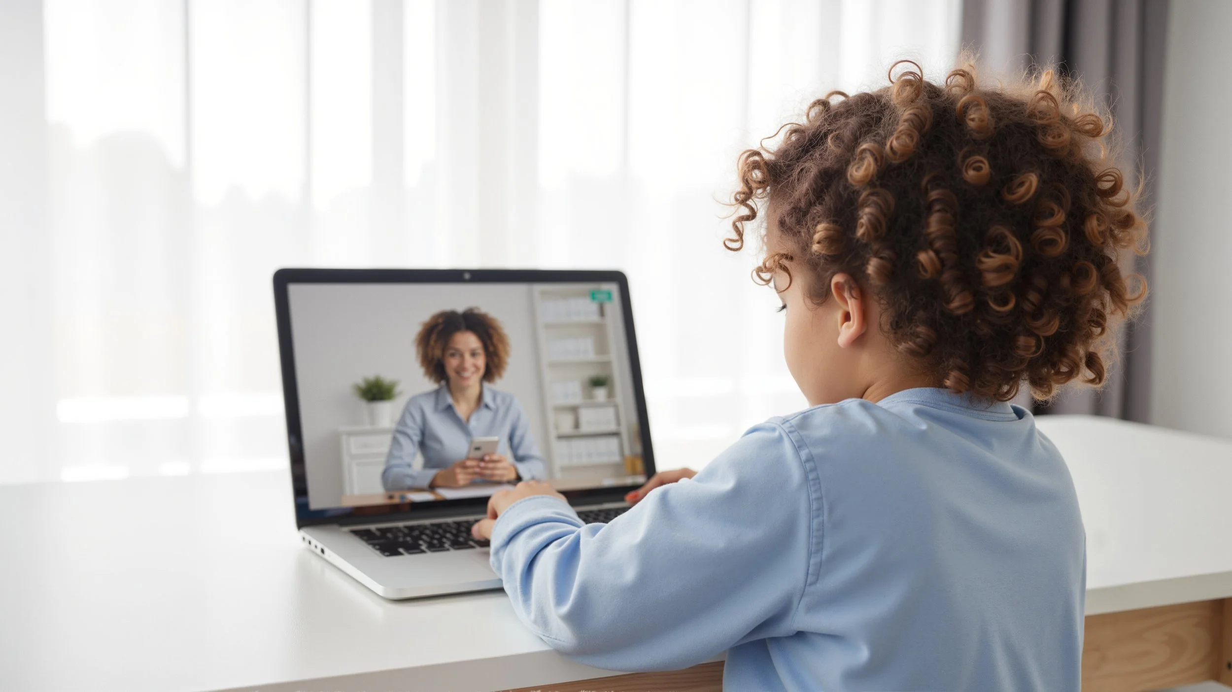A young child with curly hair sits at a white table, looking at a laptop screen showing a woman smiling and holding a phone during a video call.