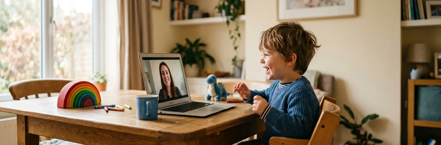 Young boy waving at his speech-language pathologist during a virtual speech therapy session, with toys and crayons on the table