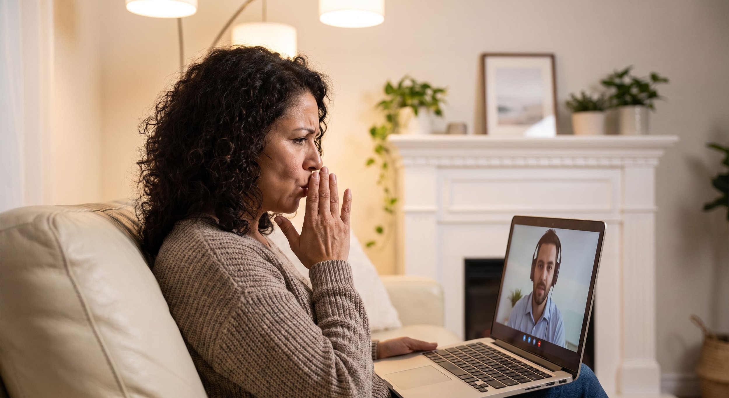 Adult in telehealth speech therapy session with therapist via laptop