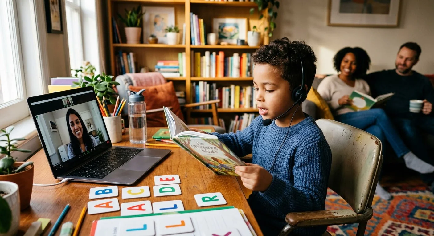 Child reading aloud during an online speech therapy session focused on literacy