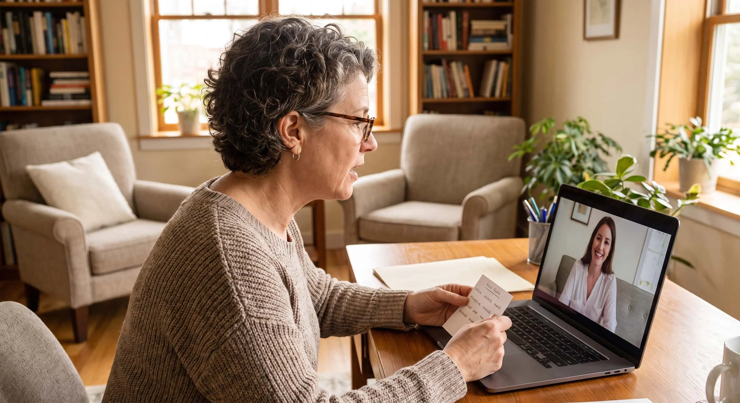 Older adult participating in telehealth speech therapy session on tablet