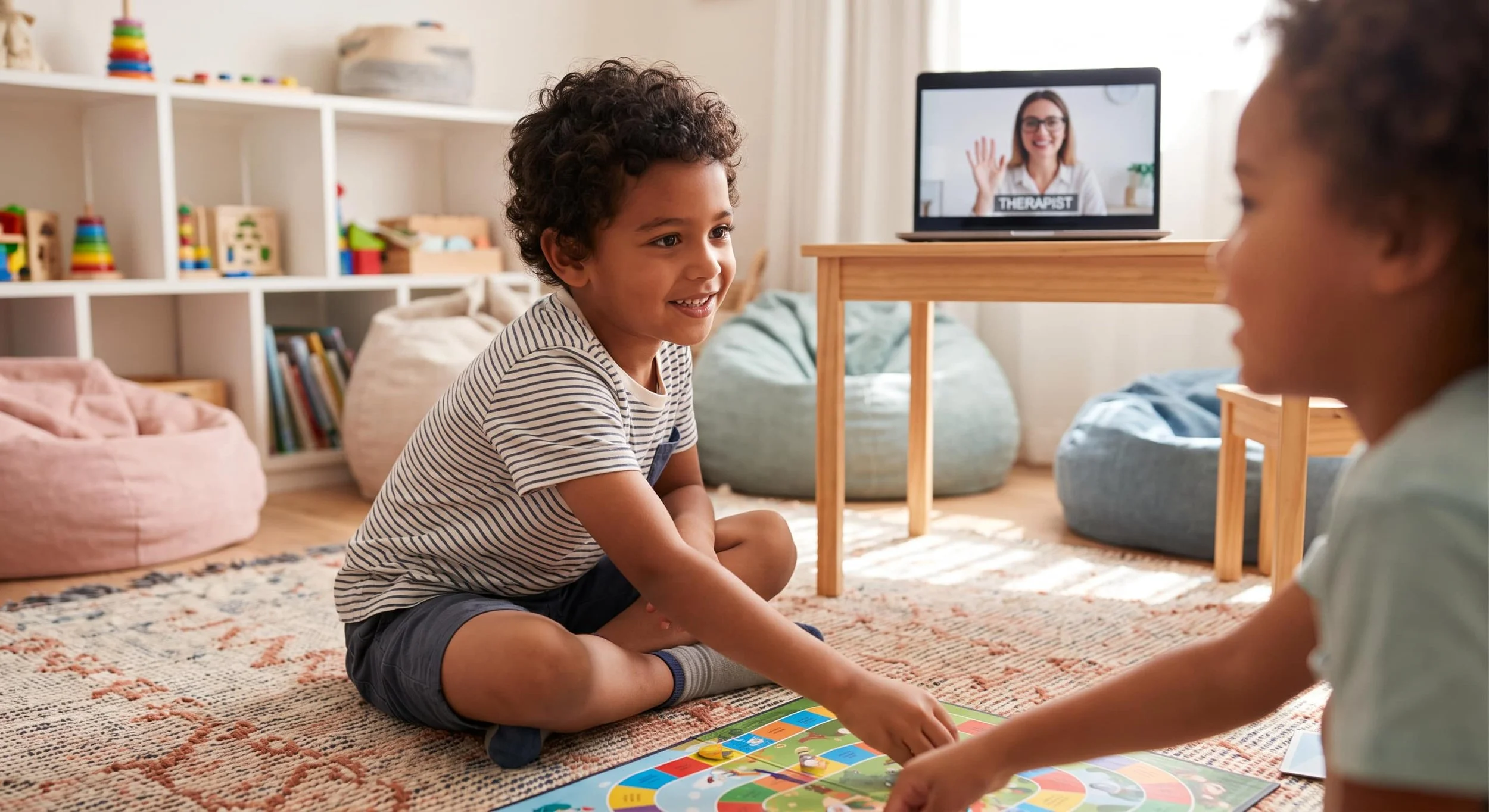 Children engaged in play-based speech therapy activities during telehealth session with therapist
