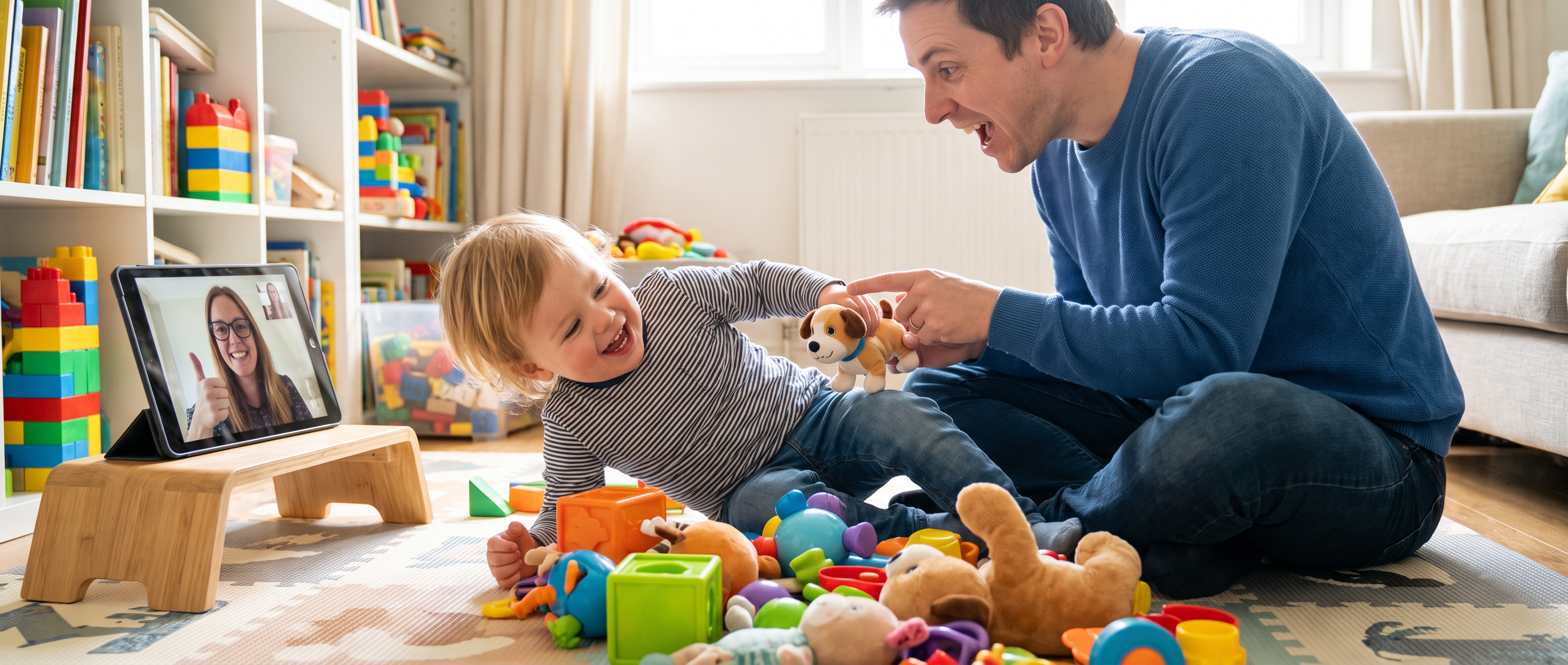Family participating in telehealth speech therapy session with therapist on tablet during play-based activity