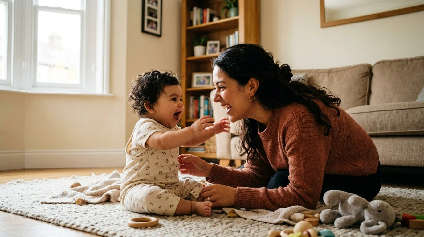 Mother playing with her baby, encouraging early babbling and first words