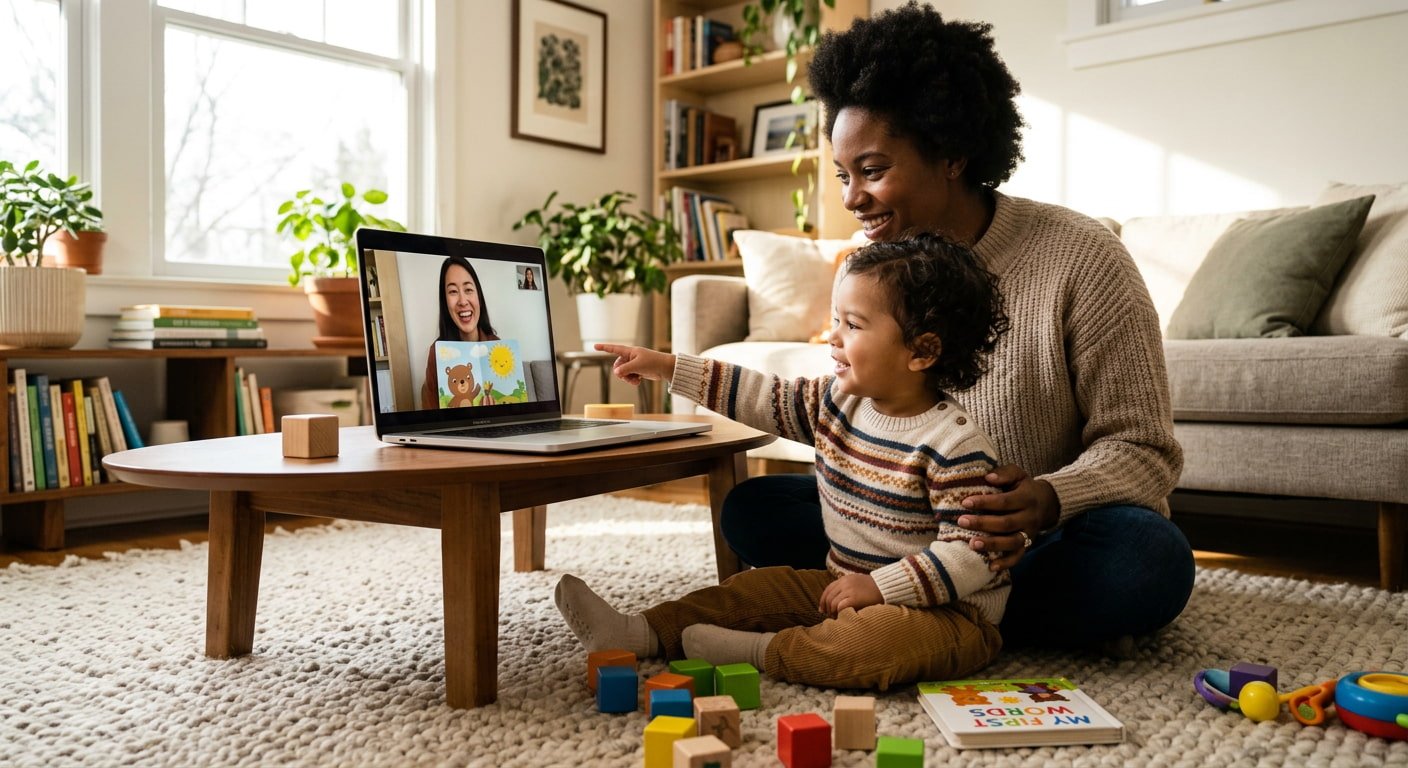 Toddler pointing at a speech therapist on a laptop during a telehealth session, with mother smiling beside him at home