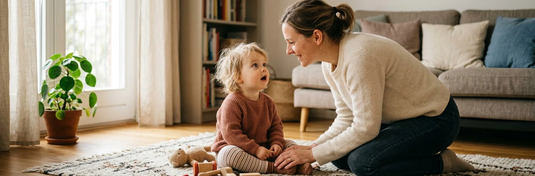 Mother playing and talking with her toddler on the living room floor