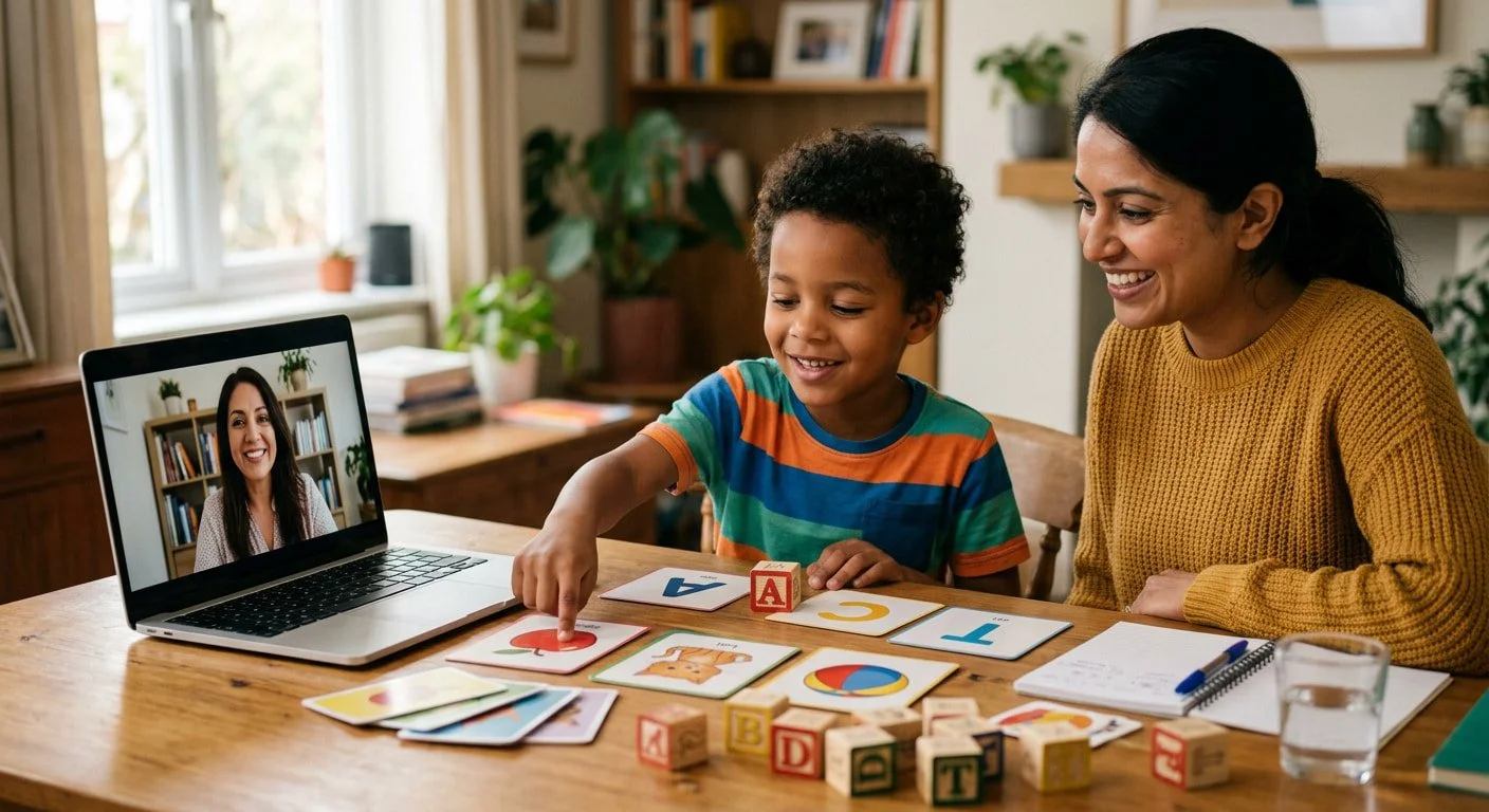 Child pointing at picture cards during a playful telehealth literacy evaluation with a parent beside them
