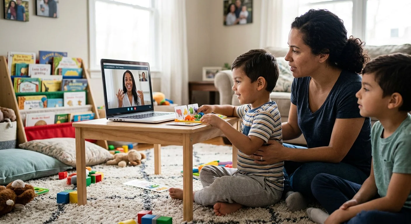 Young boy playing with picture cards at a small table during a telehealth speech therapy session, with his mother and brother beside him