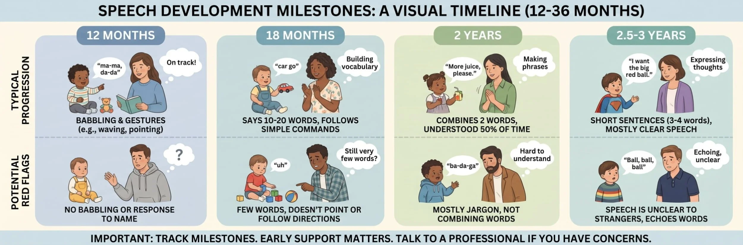 Speech development milestones and red flags from 12 to 36 months, from babbling to short sentences