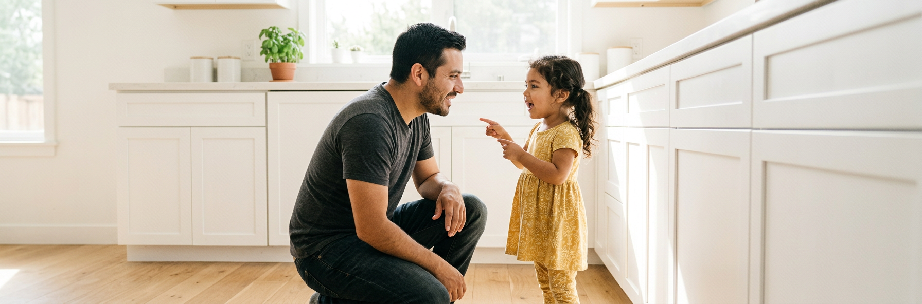 Father crouching down to talk with his young daughter in the kitchen