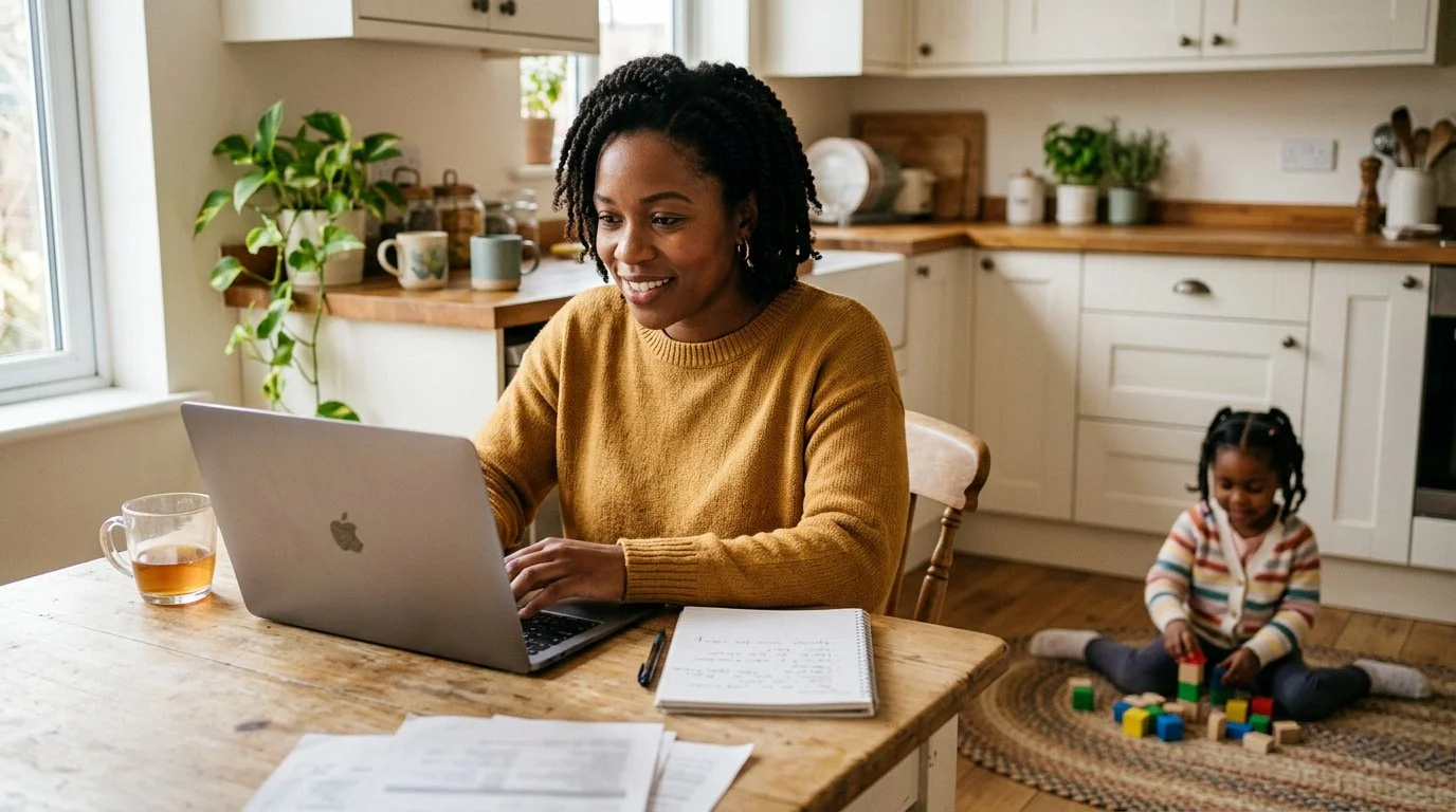 Mother working on her laptop while her daughter plays nearby at home
