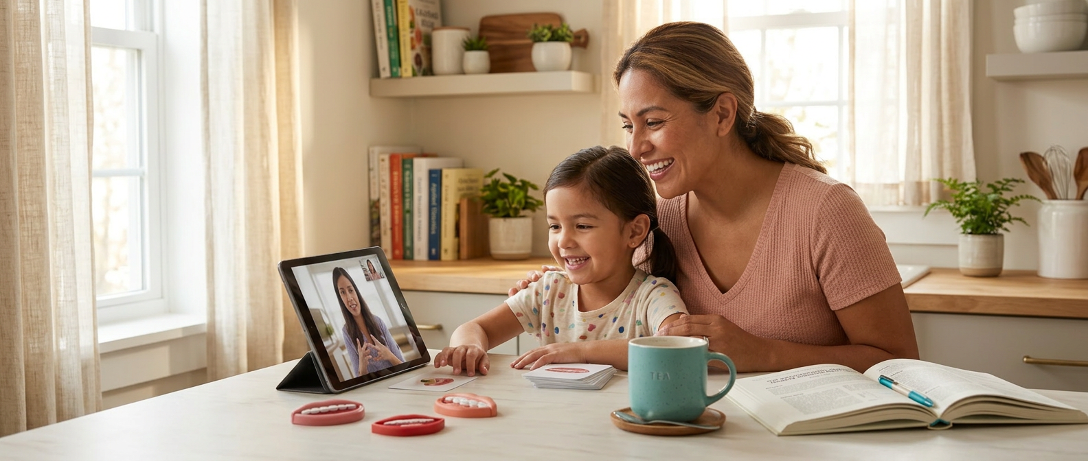 Mother and daughter sitting together at home during a telehealth speech therapy session on a tablet