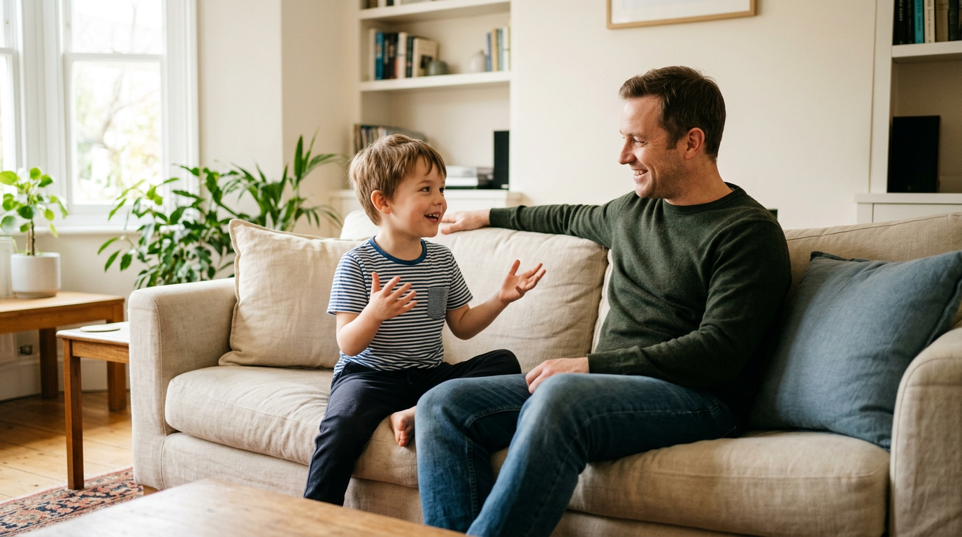 Father listening attentively as his young son tells a story on the couch