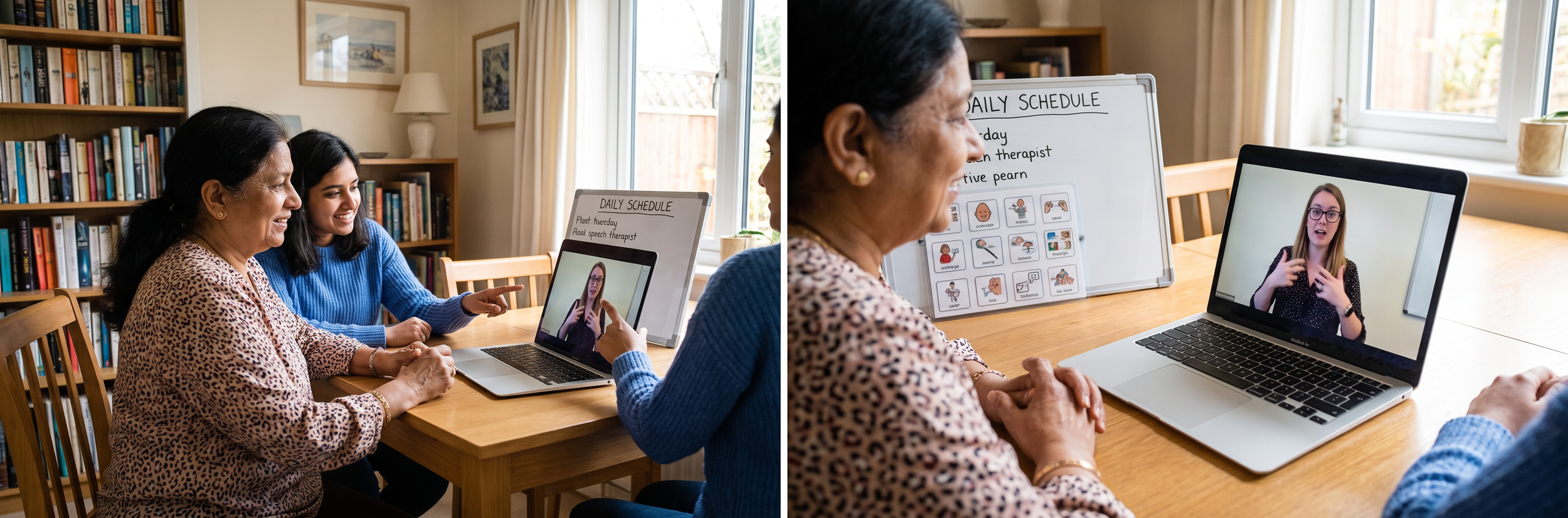 Family member supporting child during telehealth speech therapy session with licensed speech-language pathologist