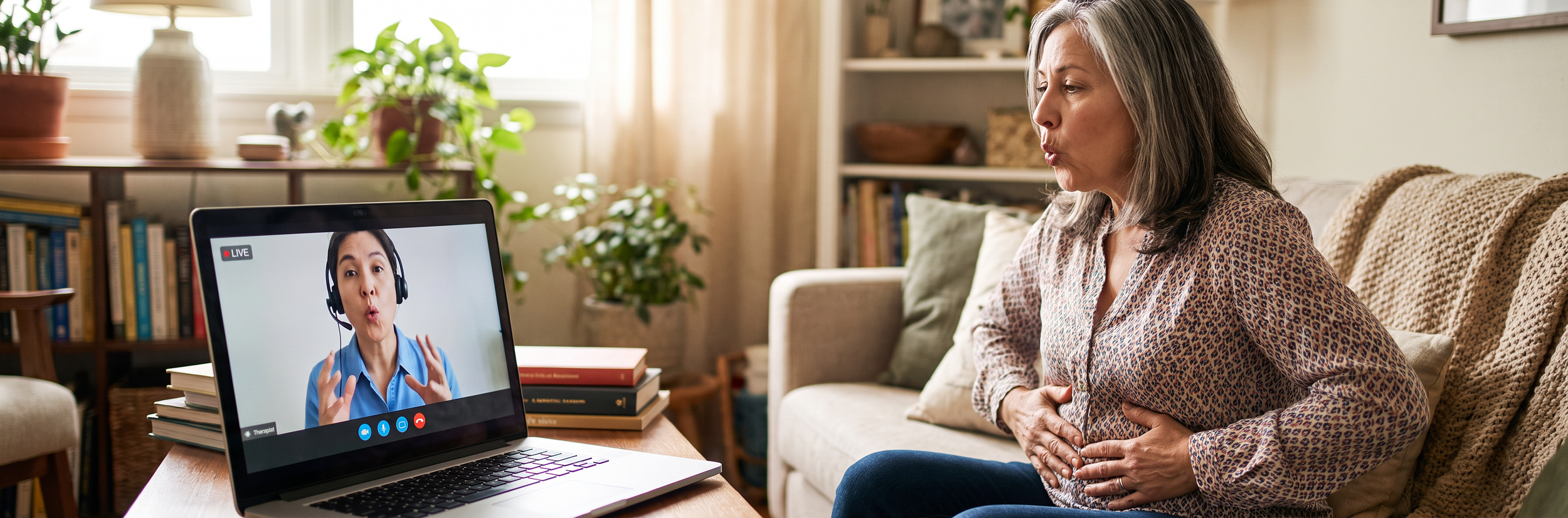 Older adult participating in telehealth speech therapy or cognitive consultation during video call session
