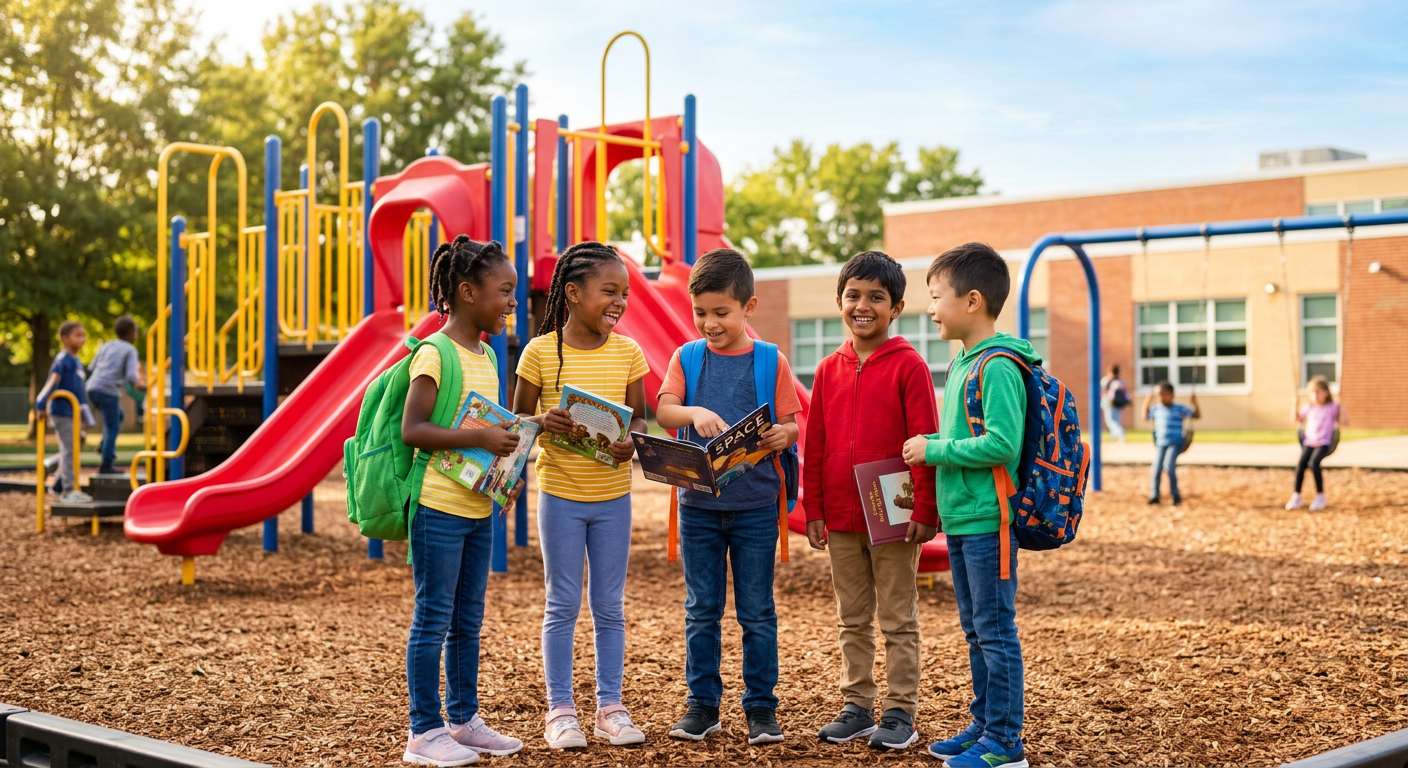 Five elementary school children standing on a playground, holding books and talking, with a colorful playground slide in the background.