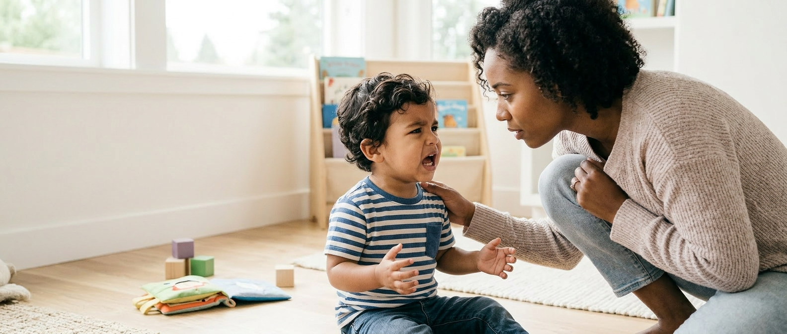 Toddler showing frustration while trying to communicate with his mother