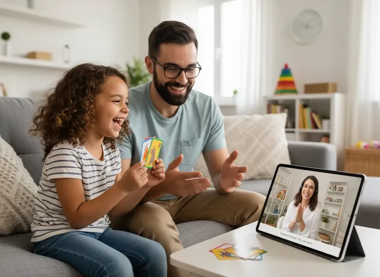 A man and a girl are playing a card game while video chatting with a woman on a tablet in a living room.