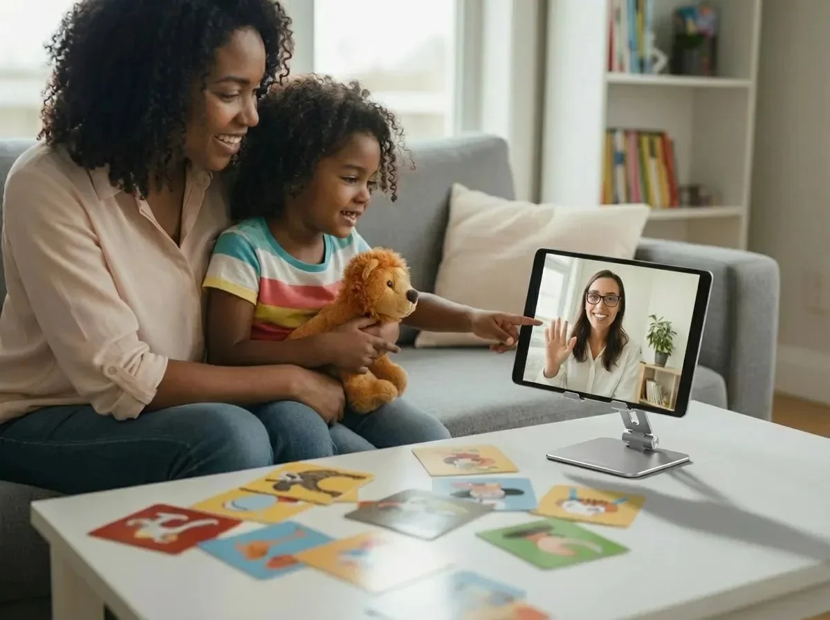 Mother and daughter smiling during a telehealth speech therapy video call, with the child holding a teddy bear.
