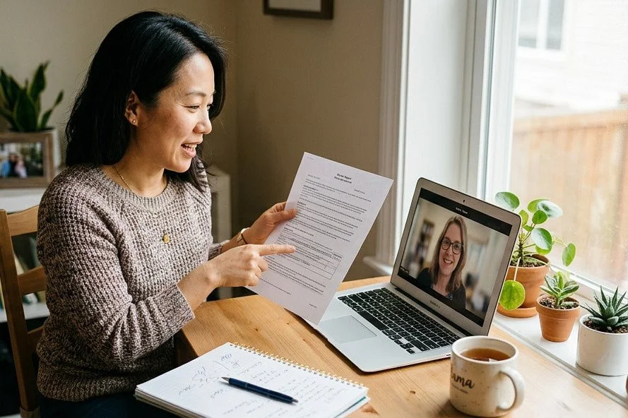 Katy parent reviewing a Katy ISD evaluation report with a speech therapist on a video call