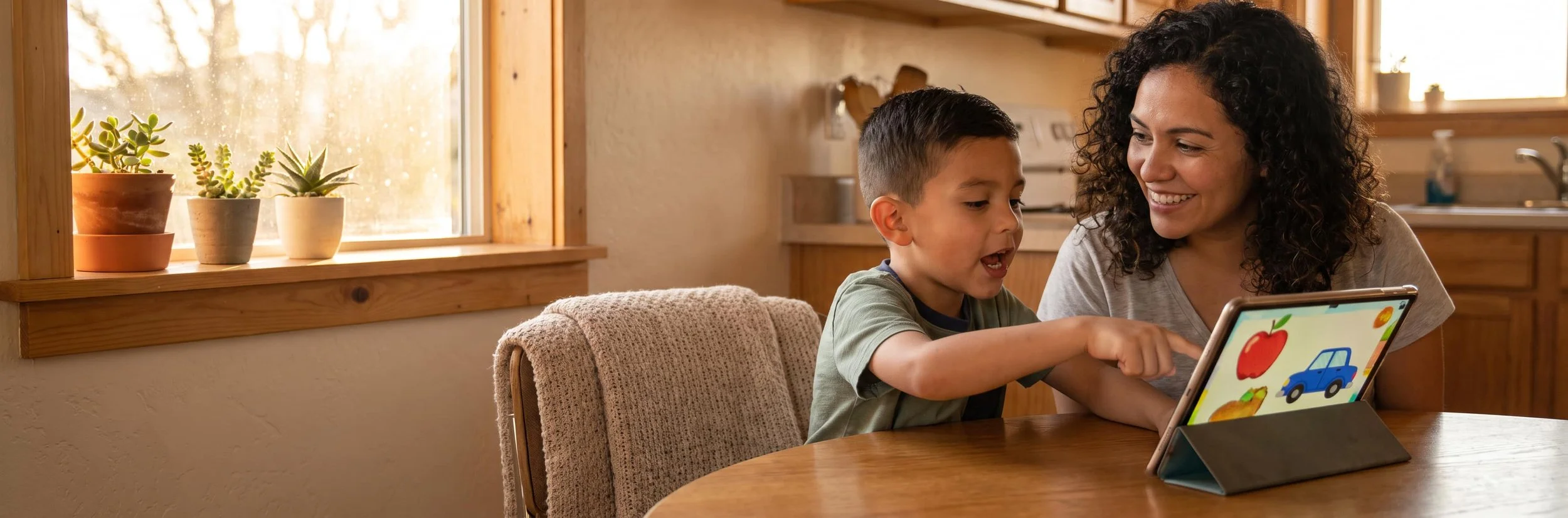 El Paso child practicing words with a parent during an online speech therapy session