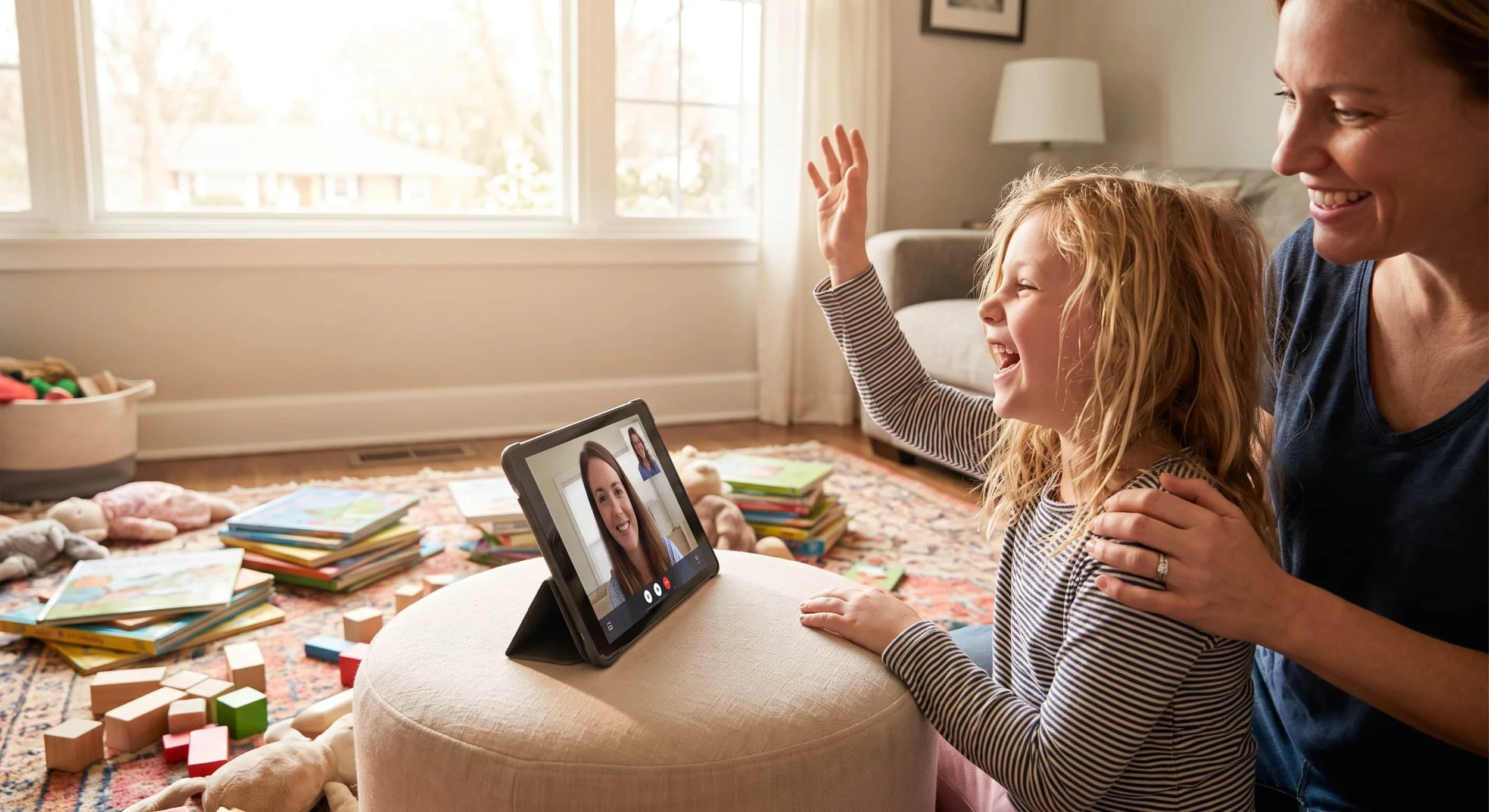 Family participating in telehealth speech evaluation or therapy session on tablet at home