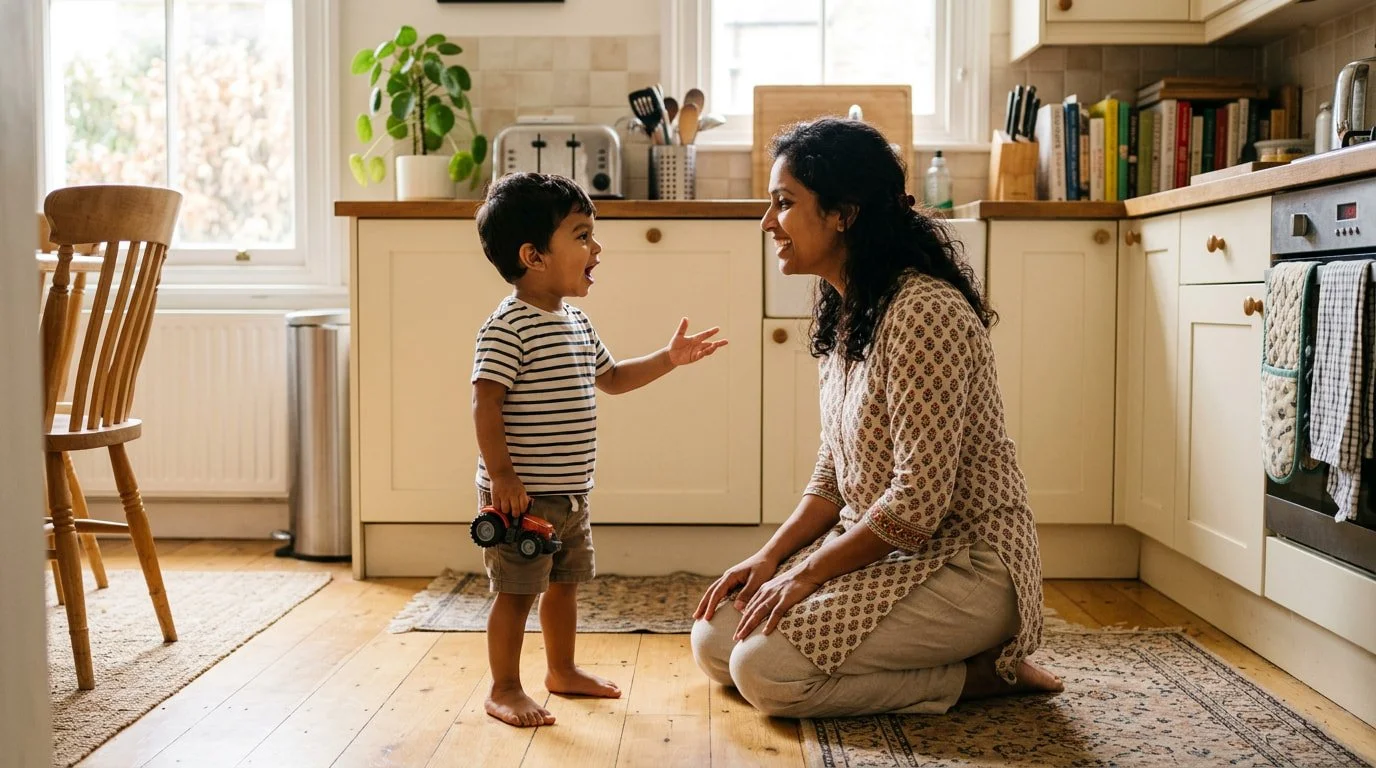 Young boy talking excitedly with his mother in the kitchen