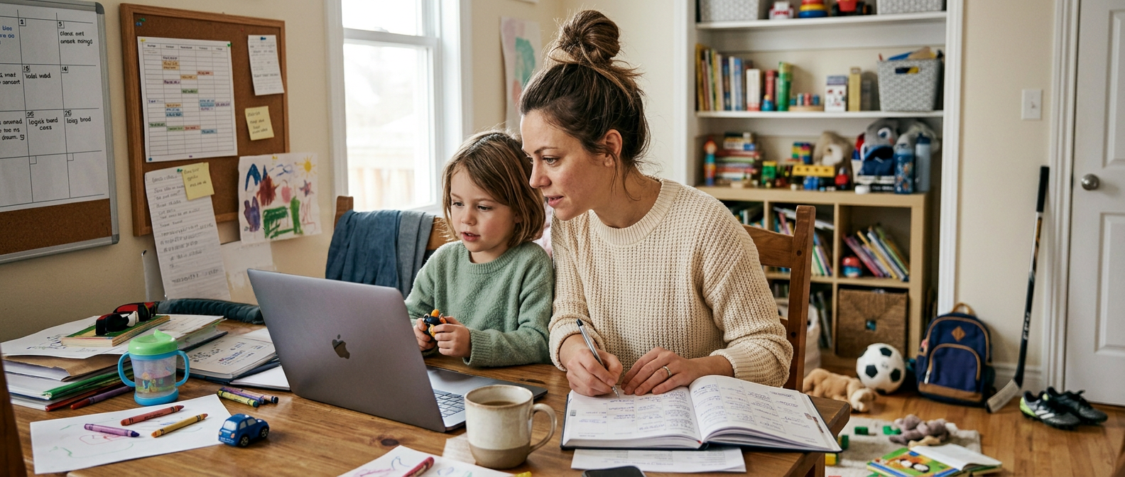 Mother watching and learning beside child during telehealth speech therapy session at home on laptop