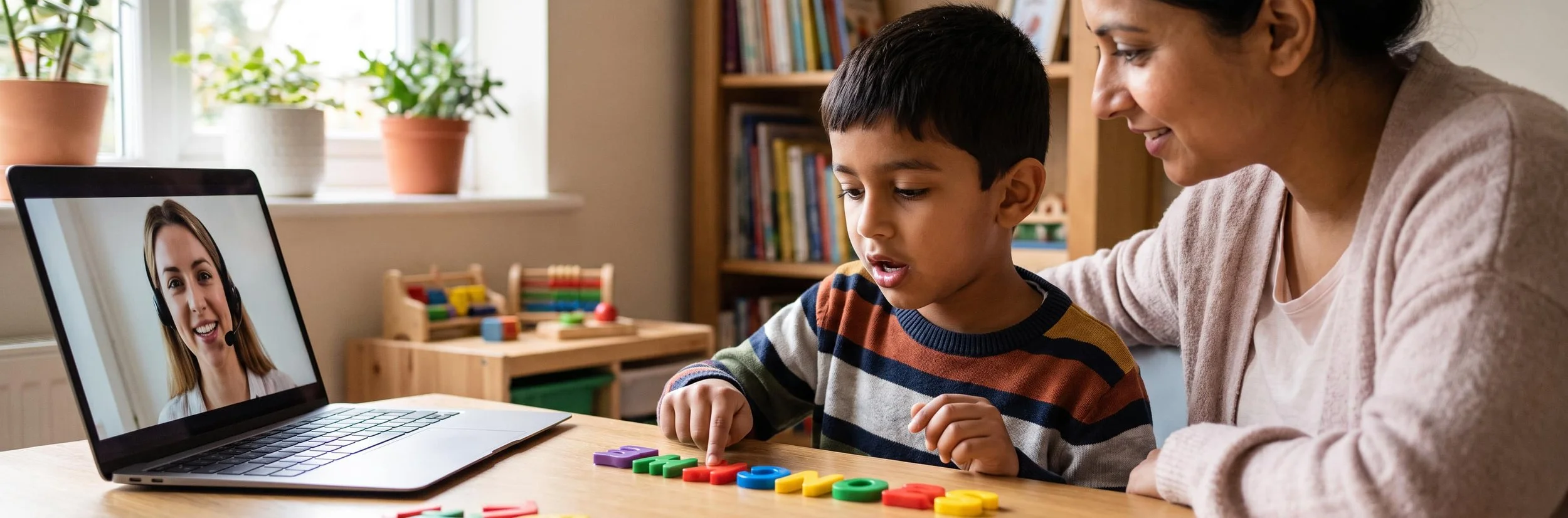 The Woodlands child practicing sound awareness with letter tiles during online language therapy