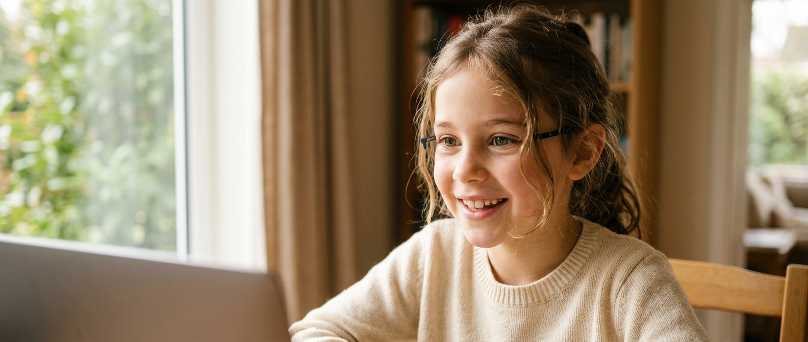 Young girl smiling at laptop facing window with natural daylight lighting for optimal telehealth video quality