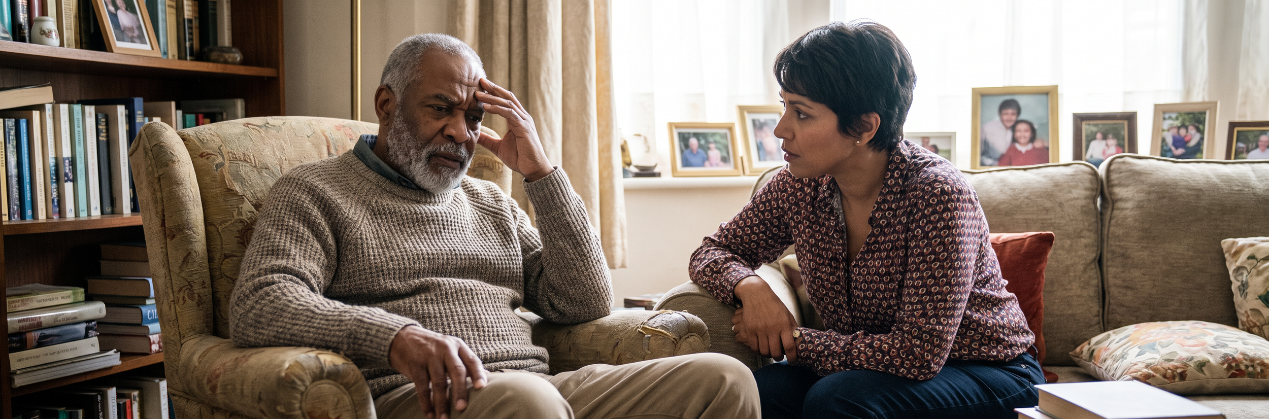 Older adult receiving support from caregiver during speech recovery after stroke or cognitive communication disorder