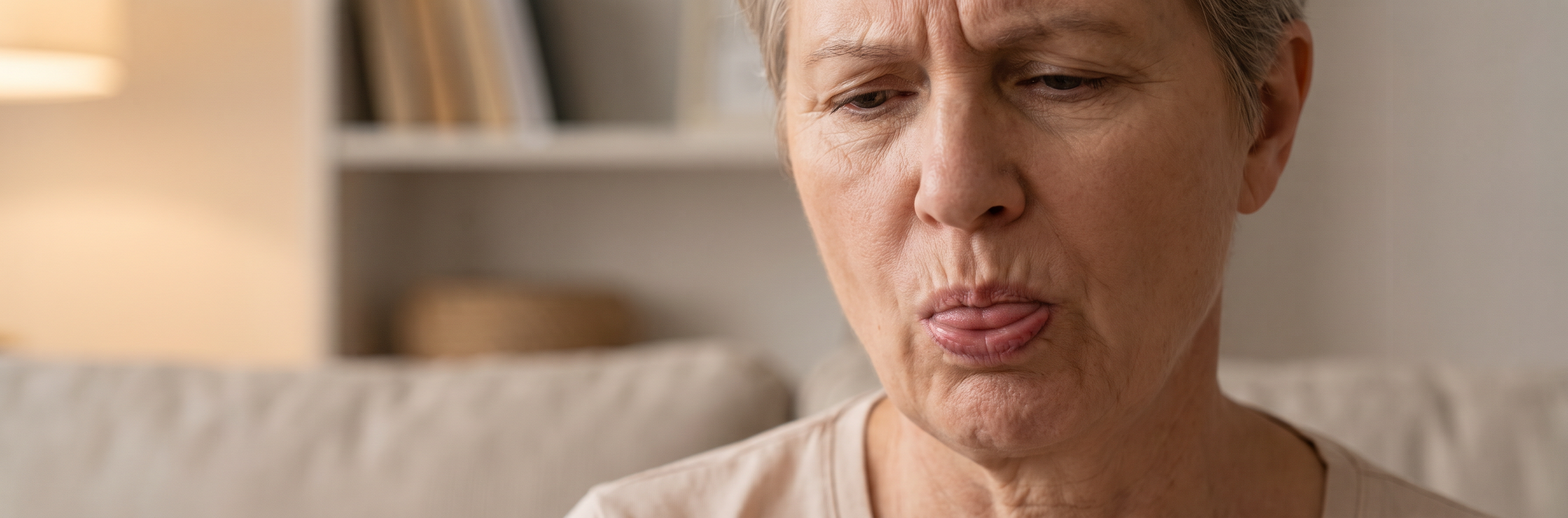 Adult demonstrating tongue movement exercises for articulation and speech clarity during speech therapy