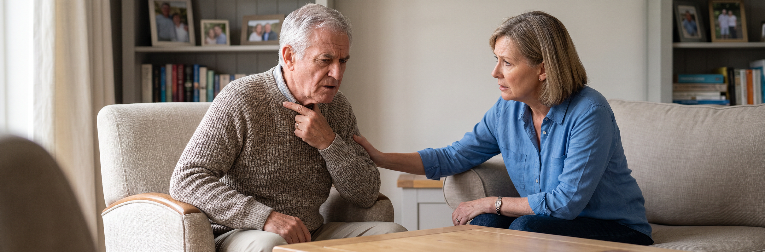 Caregiver providing emotional support to older adult experiencing speech or cognitive communication challenges after stroke