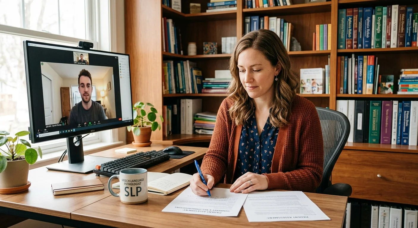 Speech-language pathologist reviewing assessment notes during a telehealth session with an adult client