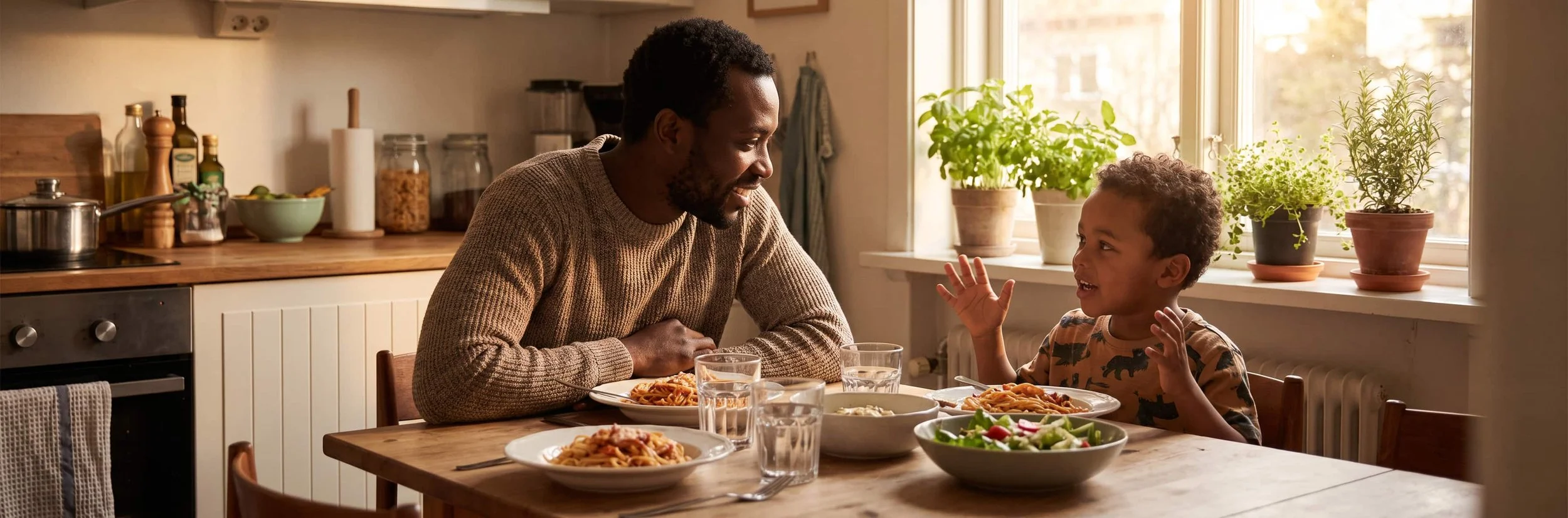 Fort Worth parent practicing storytelling with his child at dinner as part of language therapy